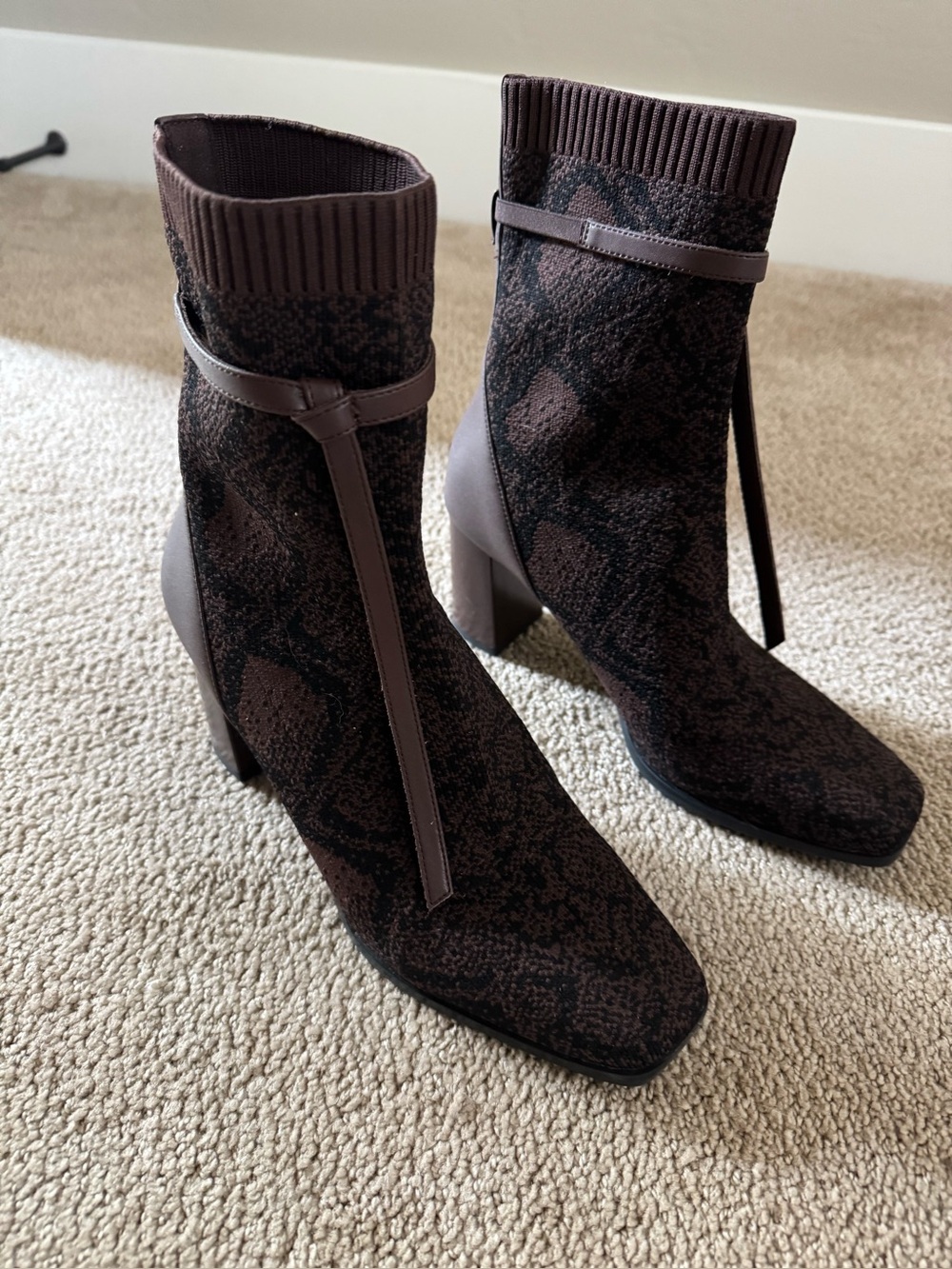 Cosy Island AmberGlow Brown Patterned Square Toe Ankle Heeled Boots